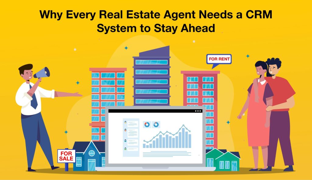 Illustration shows a computer screen containing graphs and statistics at the centre of the image, while a real estate agent stands on the left holding a megaphone close to their mouth, and two people stand on the left looking at the real estate agent while embracing. In the background, three buildings and two houses with "for sale", "for rent", or "sold" signs. 