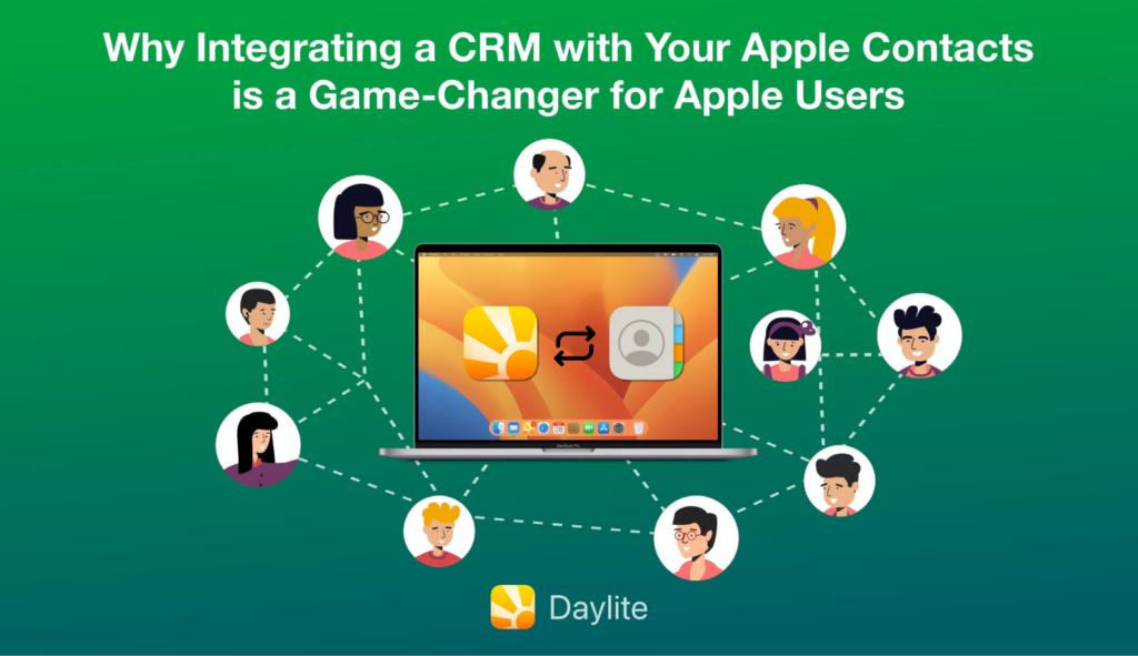 Illustration shows a MacBook in the center, with Daylite's and Apple Contacts' logos side by side in its screen. Around the computer, ten circle shapes containing images of different characters, representing the customer segmentation that Daylite offers when synced with Apple Contacts. Title says "Why Integrating a CRM with Your Apple Contacts is a Game-Changer for Apple Users". 