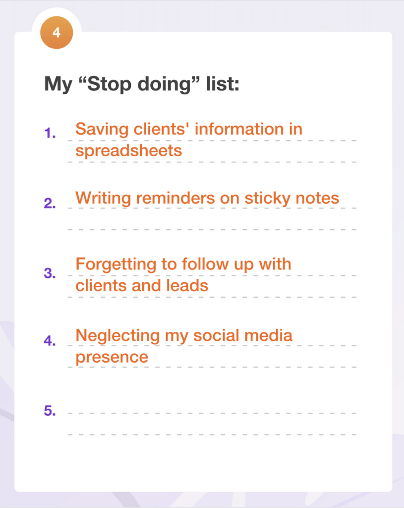 Image shows the fourth section of the time management worksheet with five slots for the small business owner to write down the things they should stop doing. 