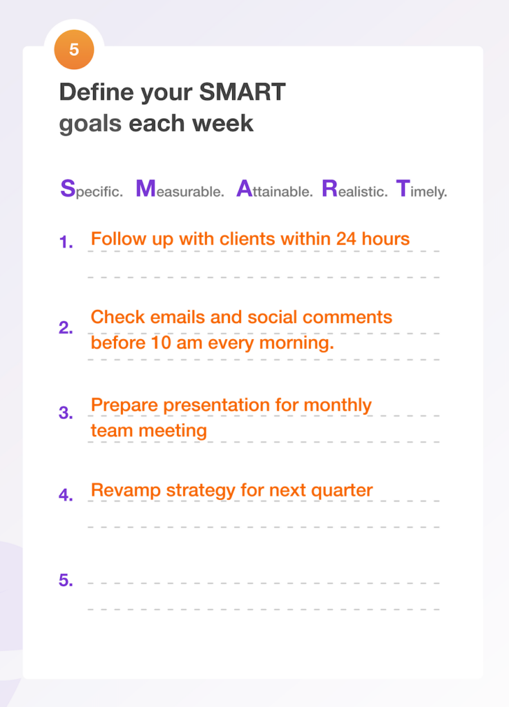 Image shows the fourth section of the time management worksheet with five slots for the small business owner to write down the top priorities for each week.