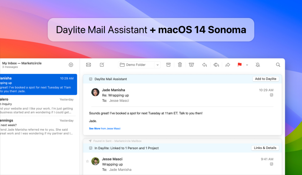 Image shows the top right corner of an email in Apple Mail, showing the new Daylite Mail Assistant extension. In the background, the new macOS Sonoma official wallpaper. Title reads "Daylite Mail Assistant plus sign macOS 14 Sonoma"