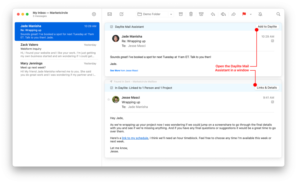 Screenshot of the Daylite Mail Assistant extension, which is no longer displayed as a sidebar, but as a tab with a button above the email. 
