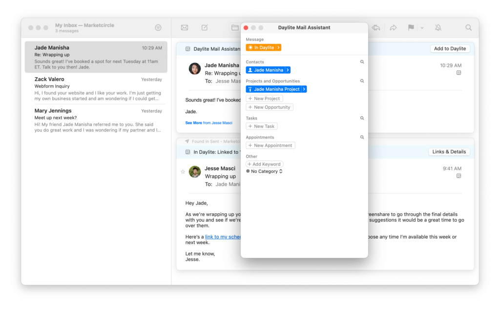 Screenshot of the Daylite Mail Assistant extension, which is no longer displayed as a sidebar, but as a tab with a button above the email.