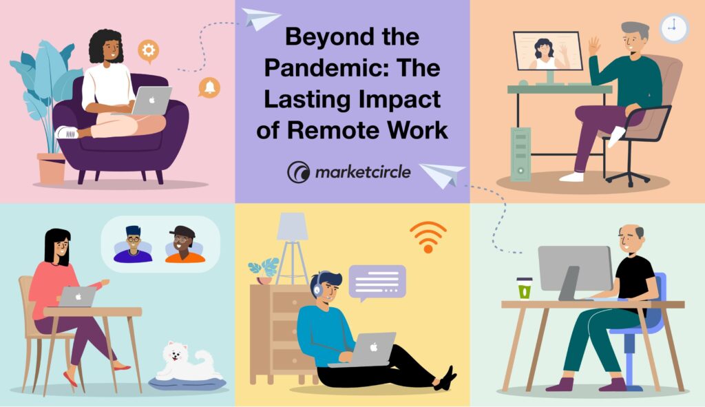 Illustration shows five people working remotely in different work settings. Title reads "Beyond the Pandemic: the lasting impact of remote work"