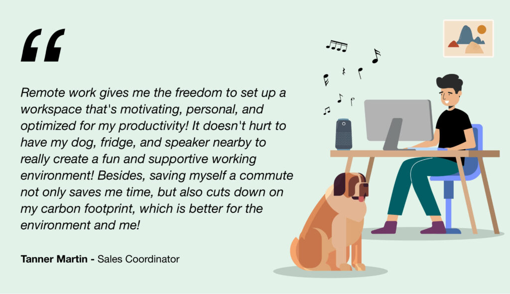 Illustration shows a man working from home, listening to music and interacting with his dog