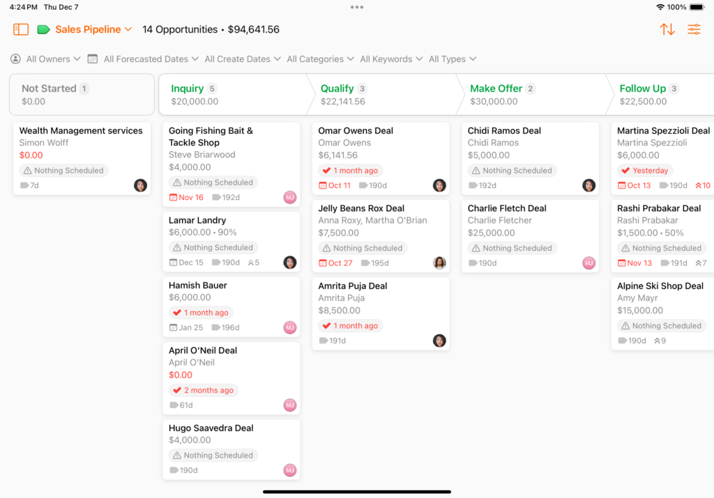 Screenshot of the revamped Daylite app on iPad, showing the Opportunities Board in portrait orientation.