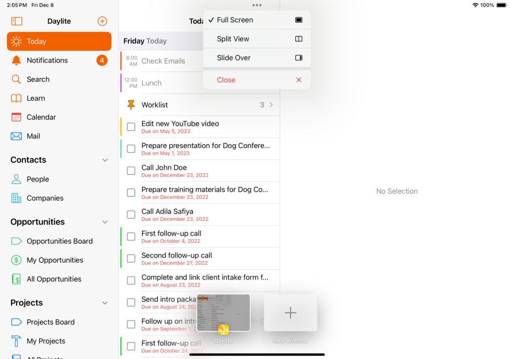 Screenshot of the revamped Daylite app on iPad, showing how to open new Daylite windows on iPad.