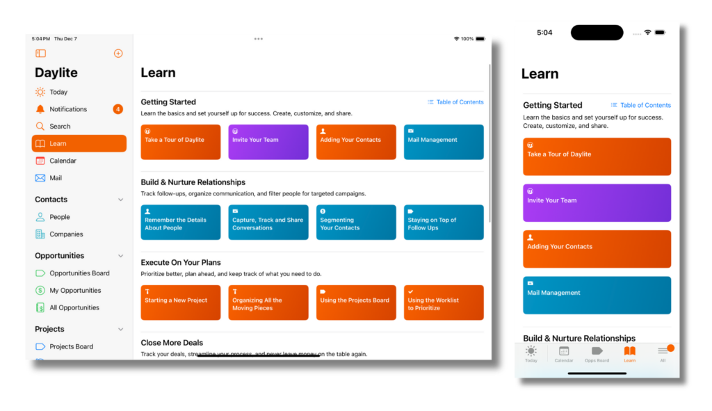 Screenshots of the new Daylite app, showcasing the new “Learn” section on iPad on the left and iPhone on the right