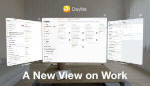 image shows a screenshot of Daylite on Apple's Vision Pro, with three screens showcasing the Daylite Opportunities Board, the Daylite Mail, and the Today view.
