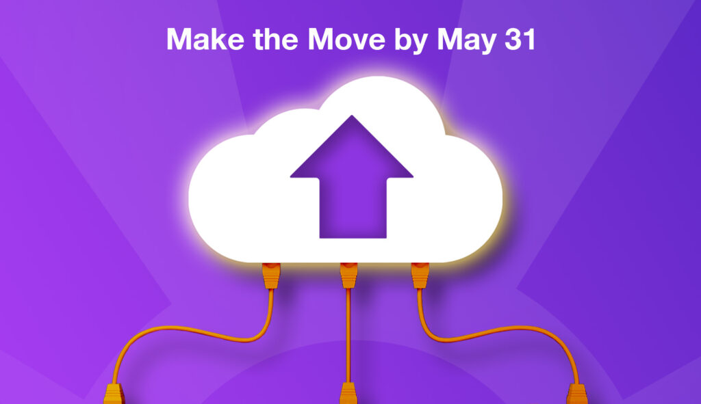 Illustration shows a cloud icon showing an arrow pointing upwards. Three orange data cables connect to the cloud icon from the bottom of the image. Purple background.