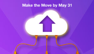 Illustration shows a cloud icon showing an arrow pointing upwards. Three orange data cables connect to the cloud icon from the bottom of the image. Purple background.