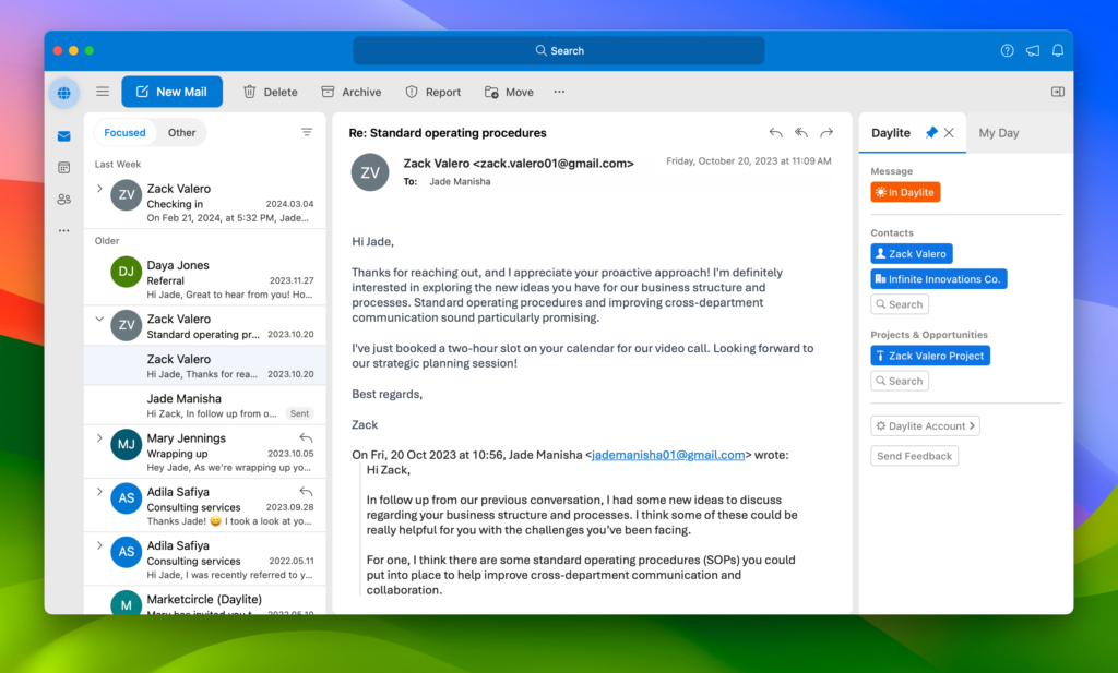 Image shows a screenshot of what the Daylite Mail integration for outlook will look like. 