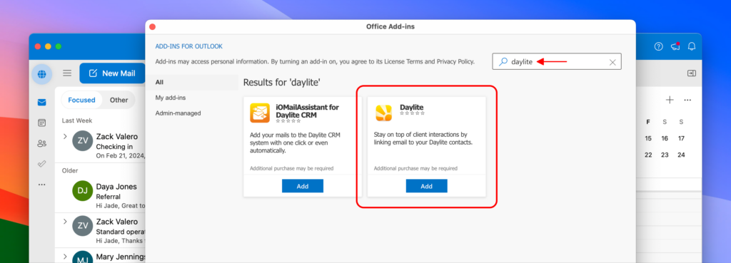 Image shows how to connect the Daylite Mail integration with Outlook on Mac. 