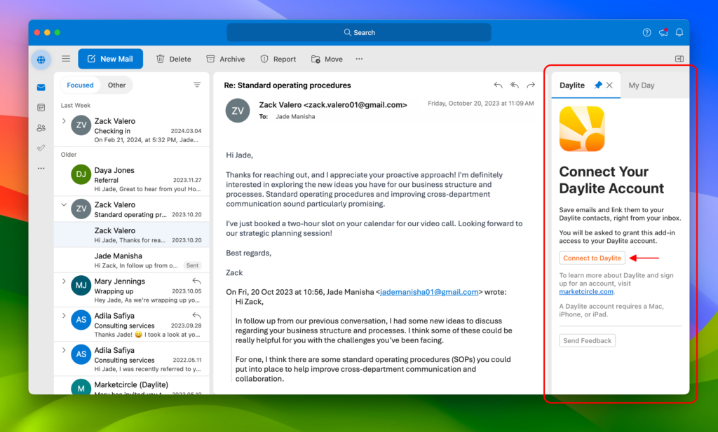 Image shows how to connect the Daylite mail integration for Outlook. 