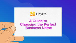 Illustration shows a hand holding a business card with the title "A guide to choosing the perfect business name".