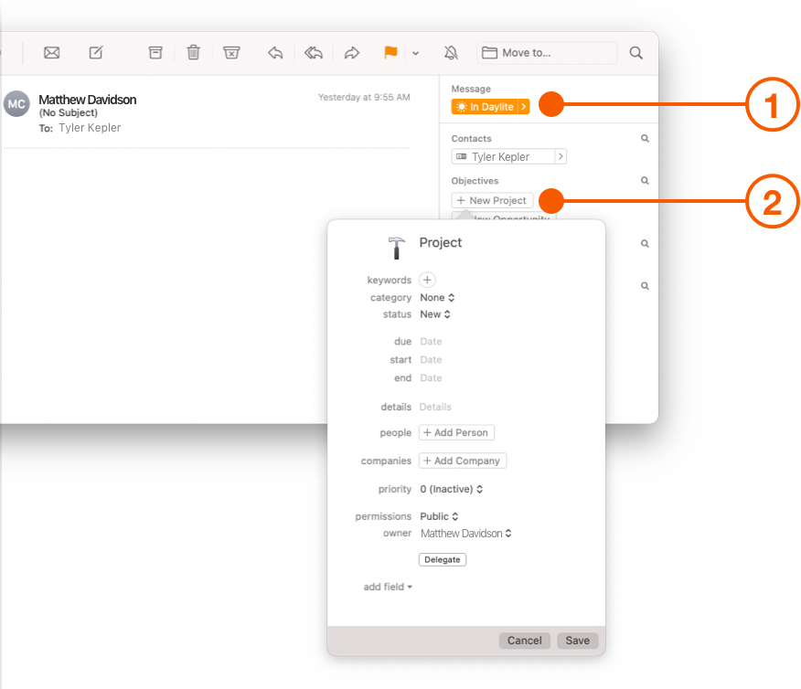 Daylite Mail Assistant creating New Project from email