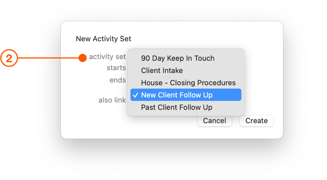 New Activity Set window selecting activity set menu