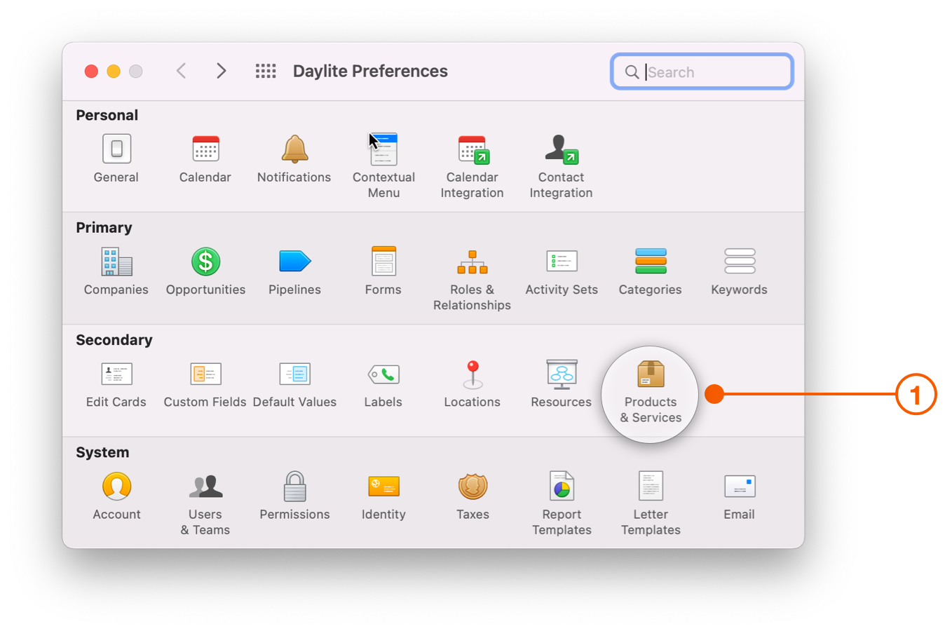 Daylite Preferences screen selecting Products and Services