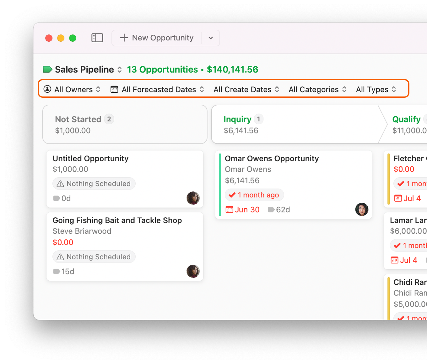 Opportunities Board showing filters