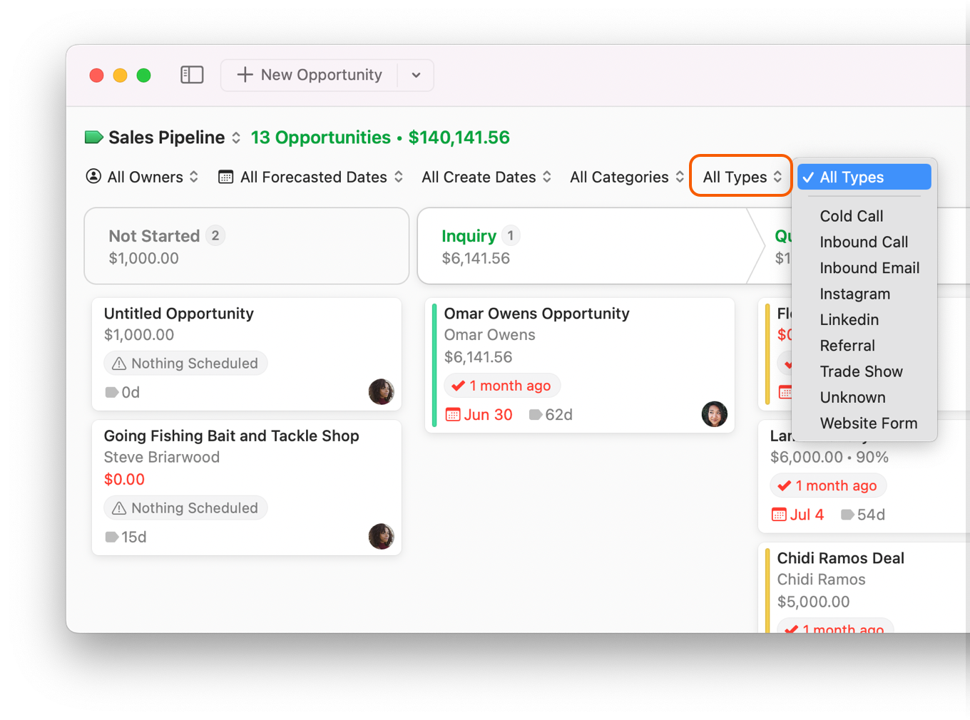 Opportunities Board showing type filter