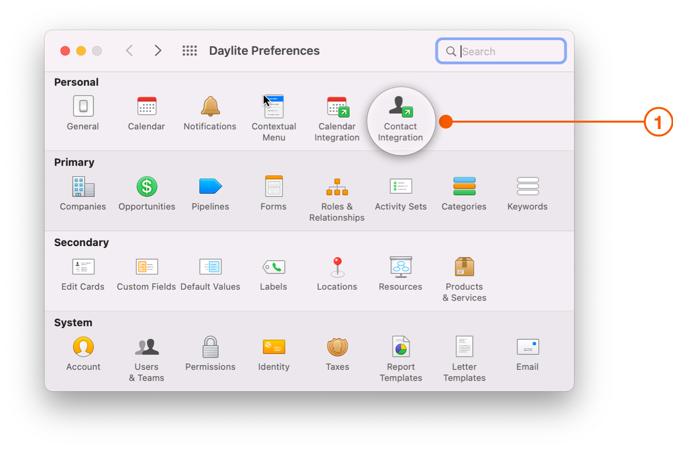 Daylite Preferences selecting Contact Integration