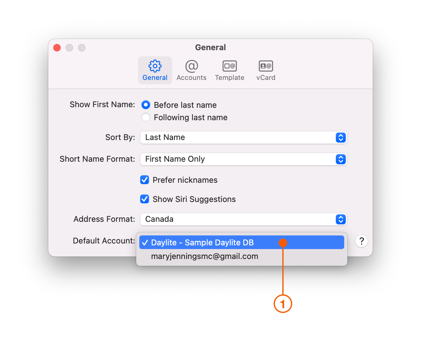 Apple Contacts Preferences showing default account