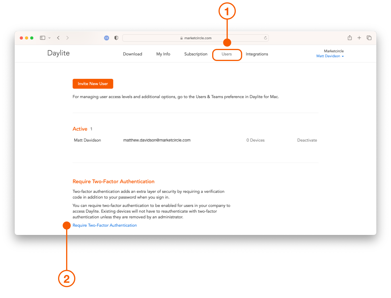 Daylite account showing requirement for two-factor authentication