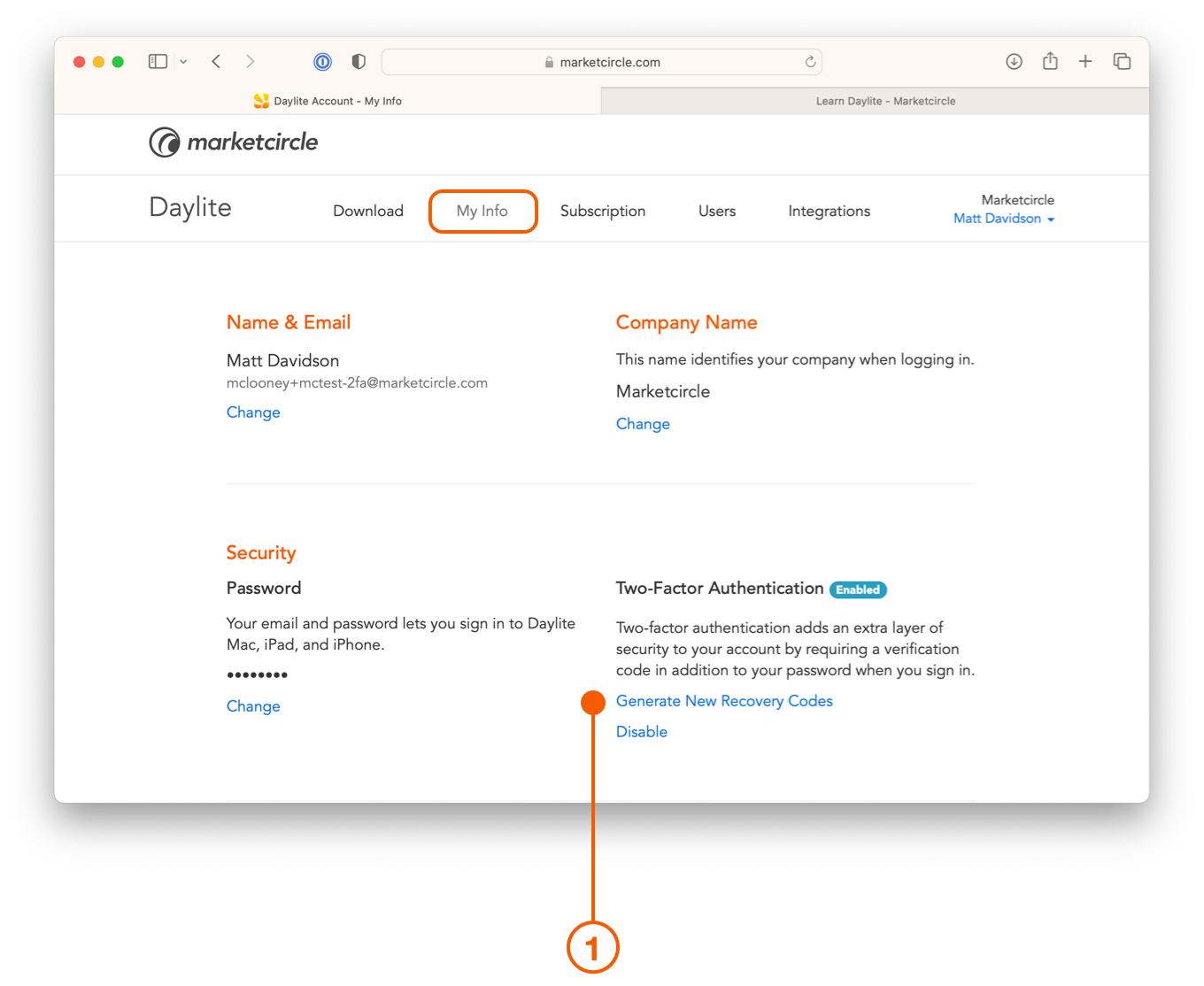 Daylite account showing Generate New Recovery Codes
